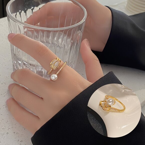 Pink Cubic Zirconia Tulip Pearl Adjustable Fashion Ring - Picture 4 of 5